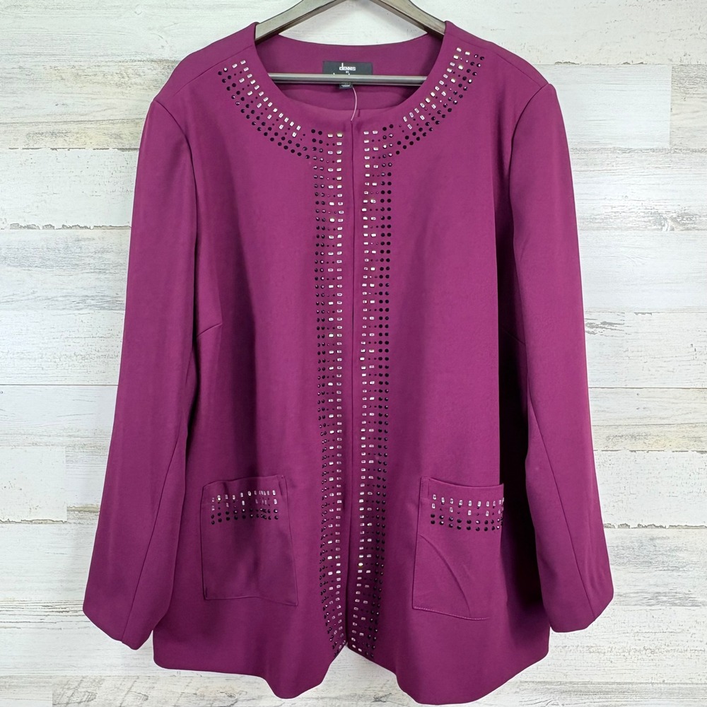 Dennis‎ Basso 3X Plum Magenta Embellished Beaded Jacket Open Front Career Blazer